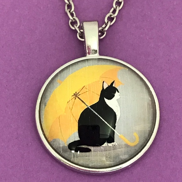 Cat Under Yellow Umbrella Silver Tone Necklace - Picture 1 of 5